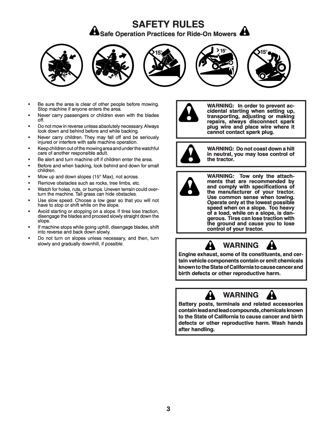 Poulan PO1538C manual Safety Rules, Safe Operation Practices for Ride-On Mowers 