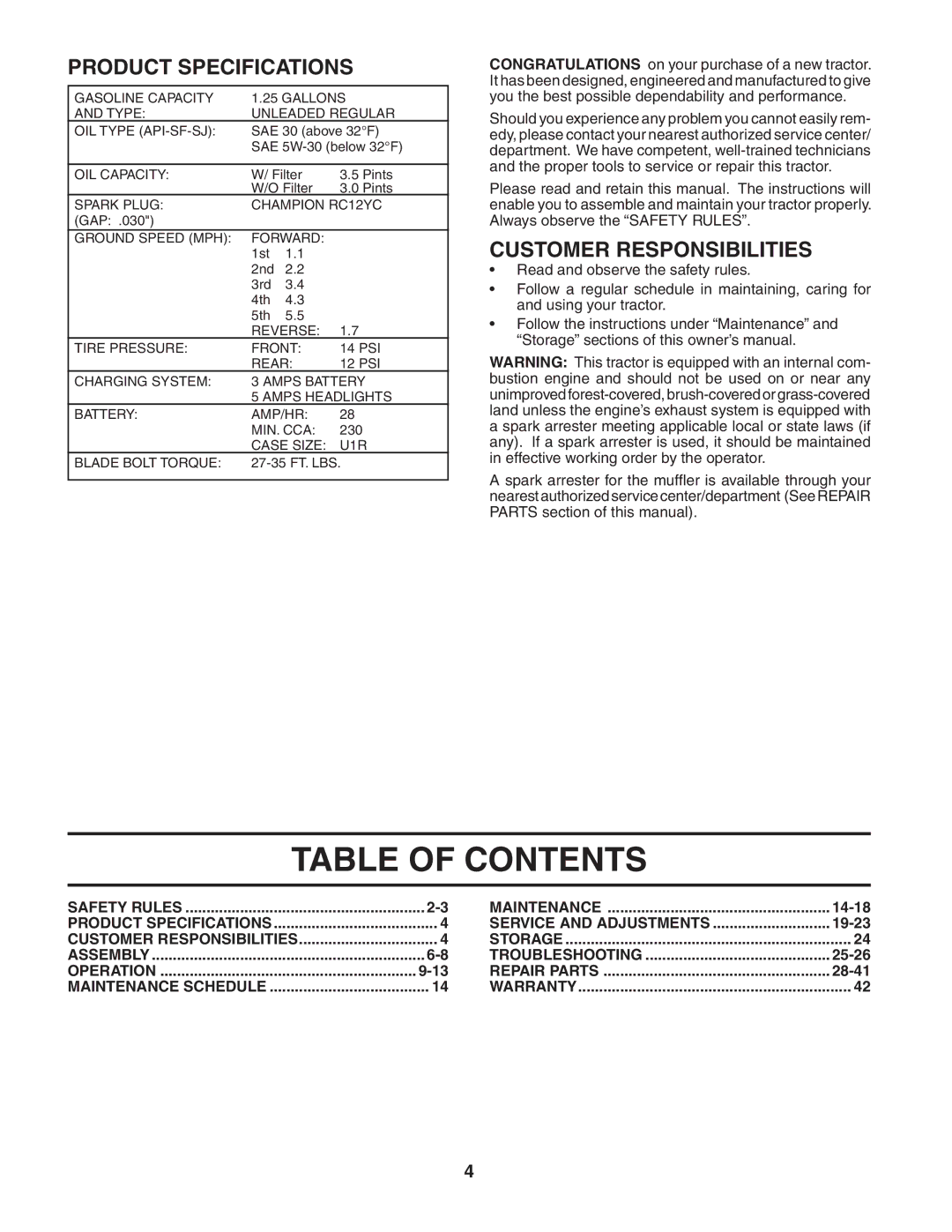 Poulan PO1538D manual Table of Contents 