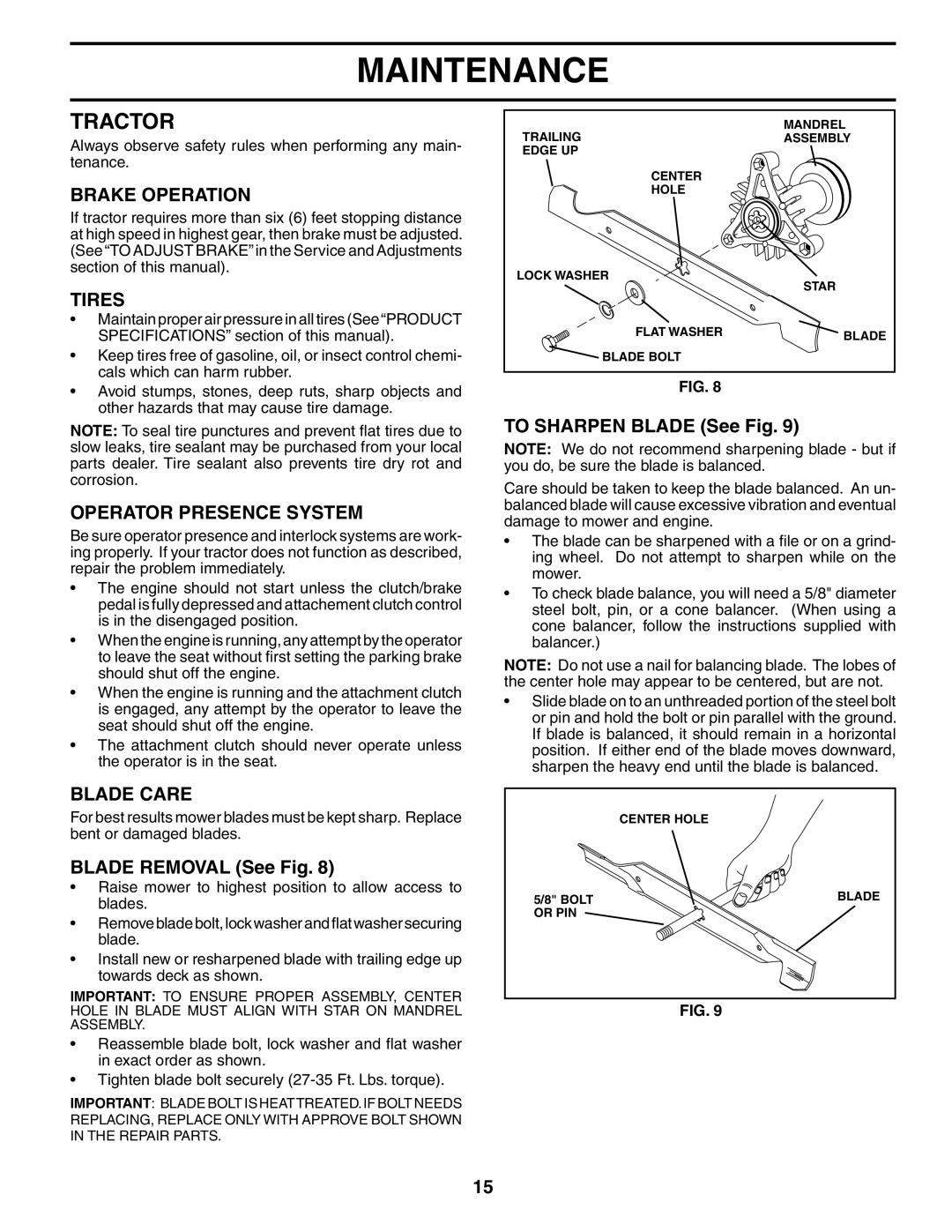 Poulan PO15538A manual Tractor, Brake Operation, Tires, Operator Presence System, Blade Care 