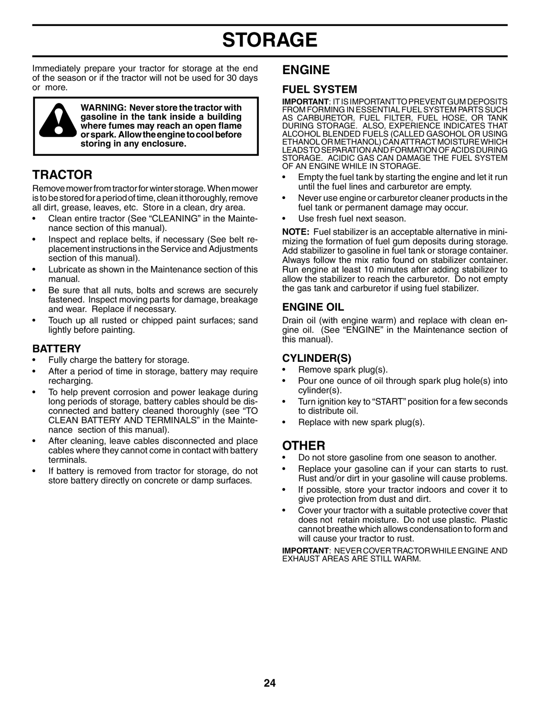 Poulan PO15538A manual Storage, Other, Fuel System, Engine OIL, Cylinders 