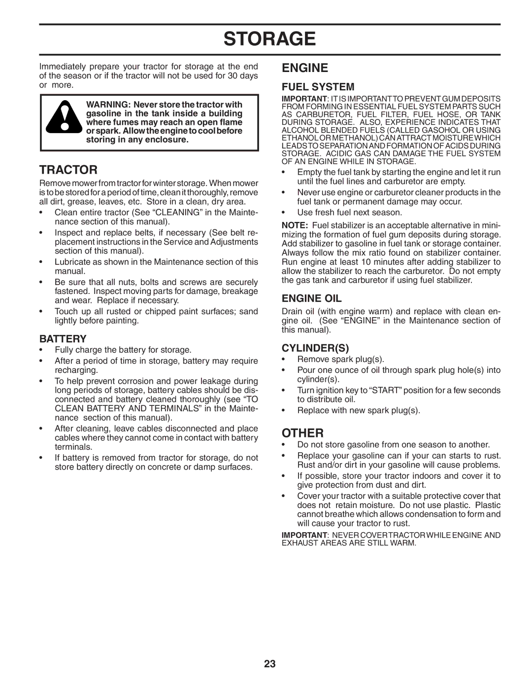 Poulan PO15538D manual Storage, Other, Fuel System, Engine OIL, Cylinders 