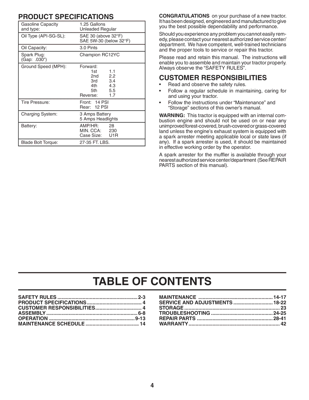 Poulan PO15538D manual Table of Contents 