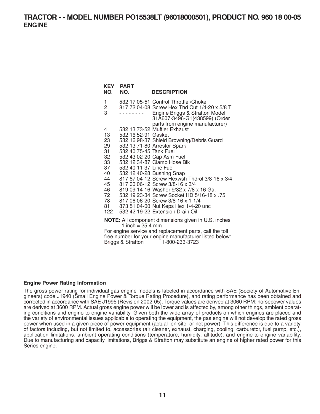 Poulan PO15538LT manual Engine Power Rating Information 