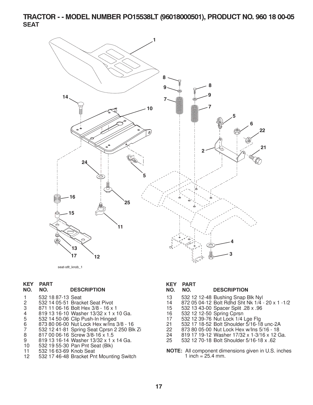 Poulan PO15538LT manual Seat 