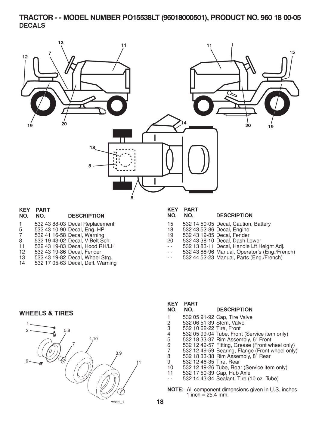 Poulan PO15538LT manual Decals, Wheels & Tires 