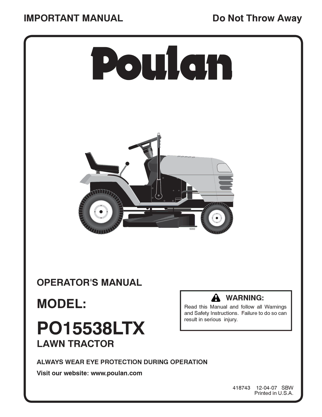 Poulan 96012008200, 418743 manual PO15538LTX, Model 