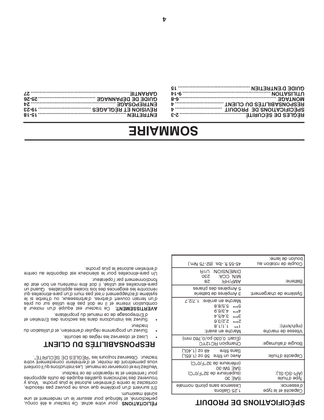 Poulan PO15538LTX, 96012008200, 418743 manual Sommaire, Client DU Responsabilités, Produit DE Spécifications 