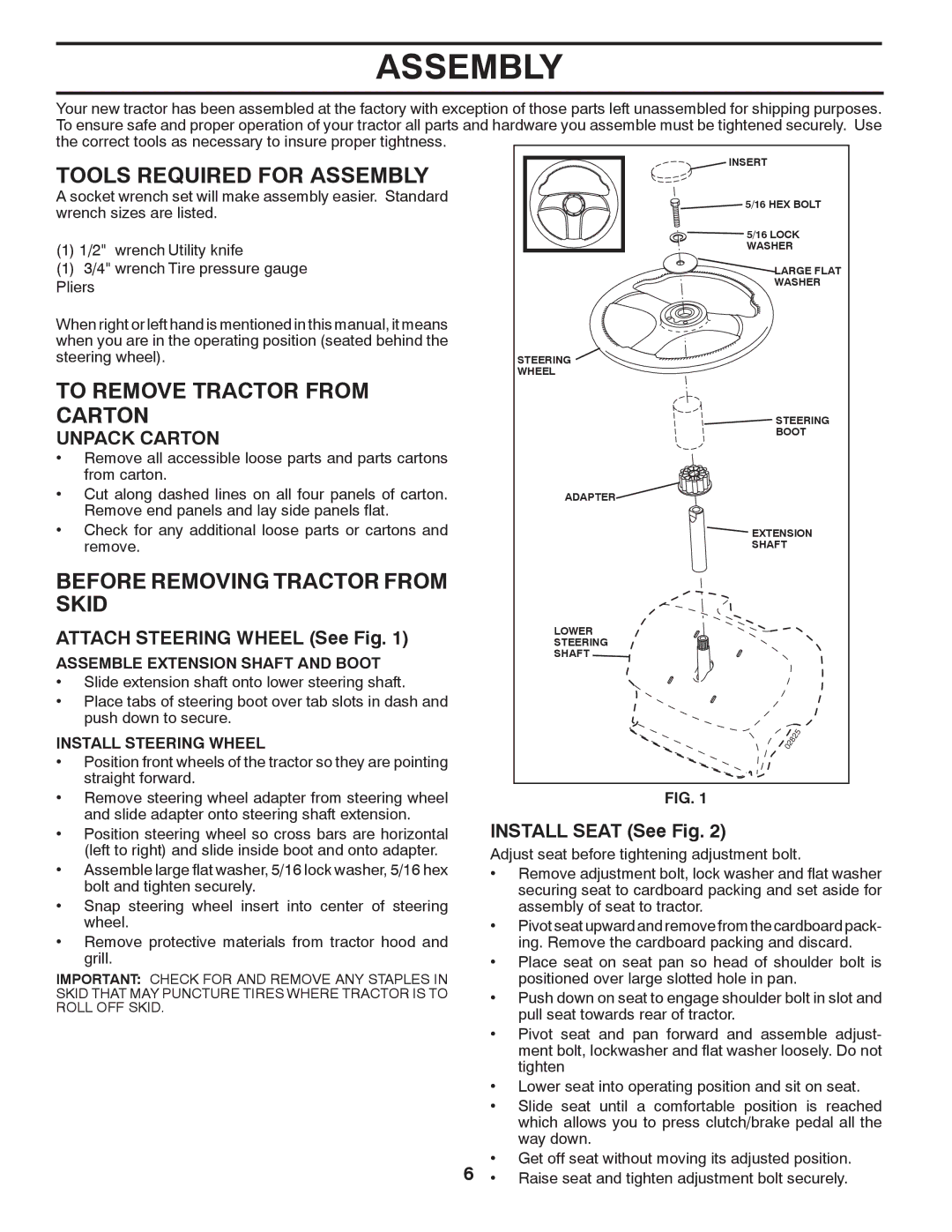 Poulan PO15538LTX, 418743 Tools Required for Assembly, To Remove Tractor from Carton, Before Removing Tractor from Skid 