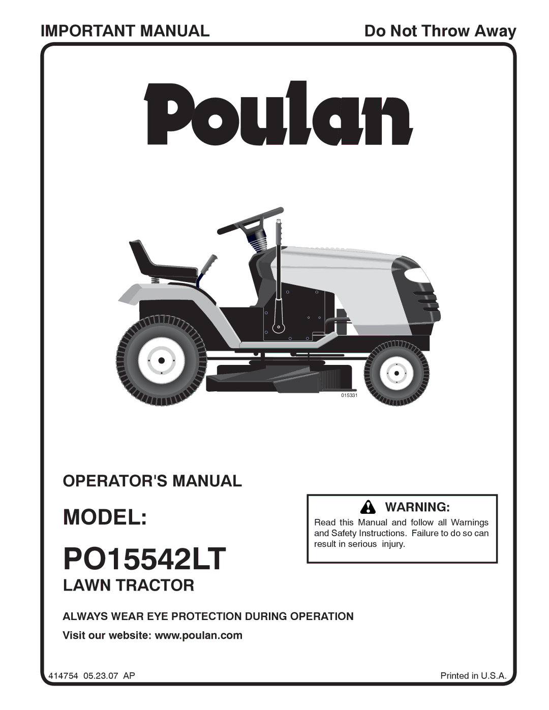 Poulan PO15542LT manual Model 