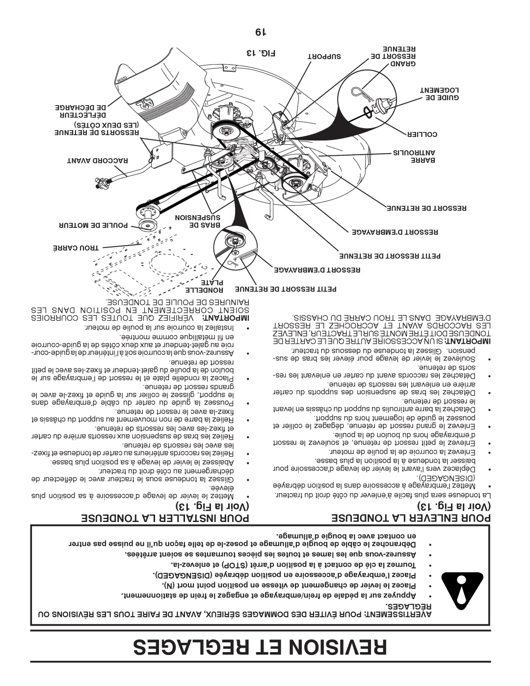 Poulan PO15542LT manual Reglages ET Revision, Tondeuse LA Installer Pour, Tondeuse LA Enlever Pour 