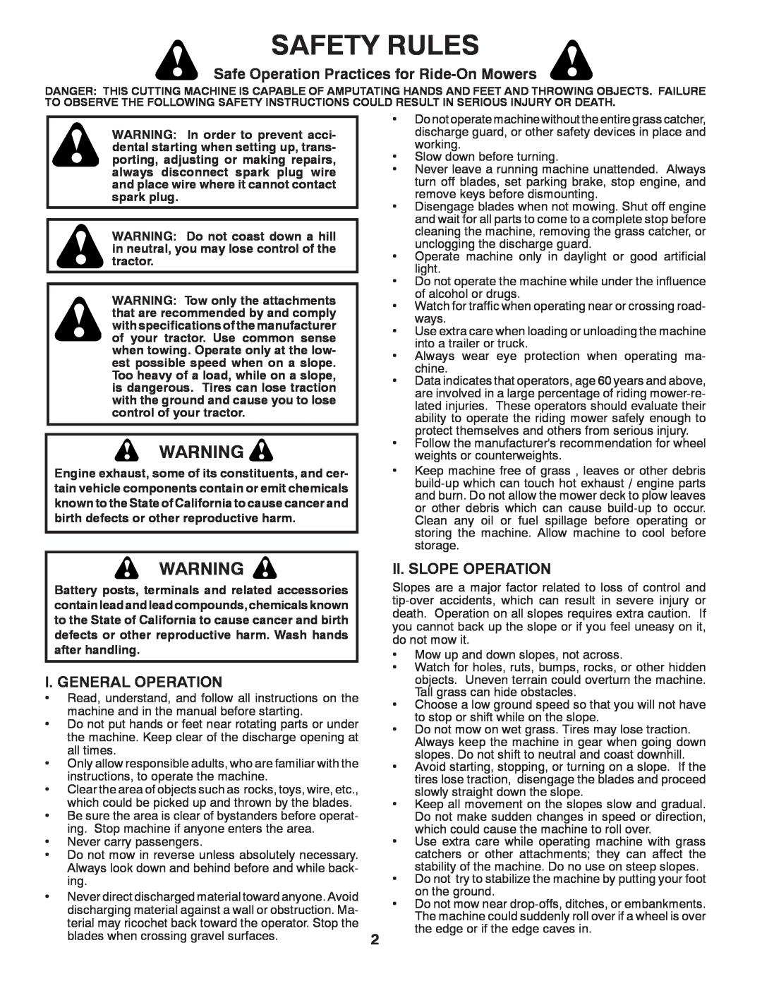 Poulan PO15542LT manual Safety Rules, Safe Operation Practices for Ride-OnMowers, I. General Operation, Ii. Slope Operation 