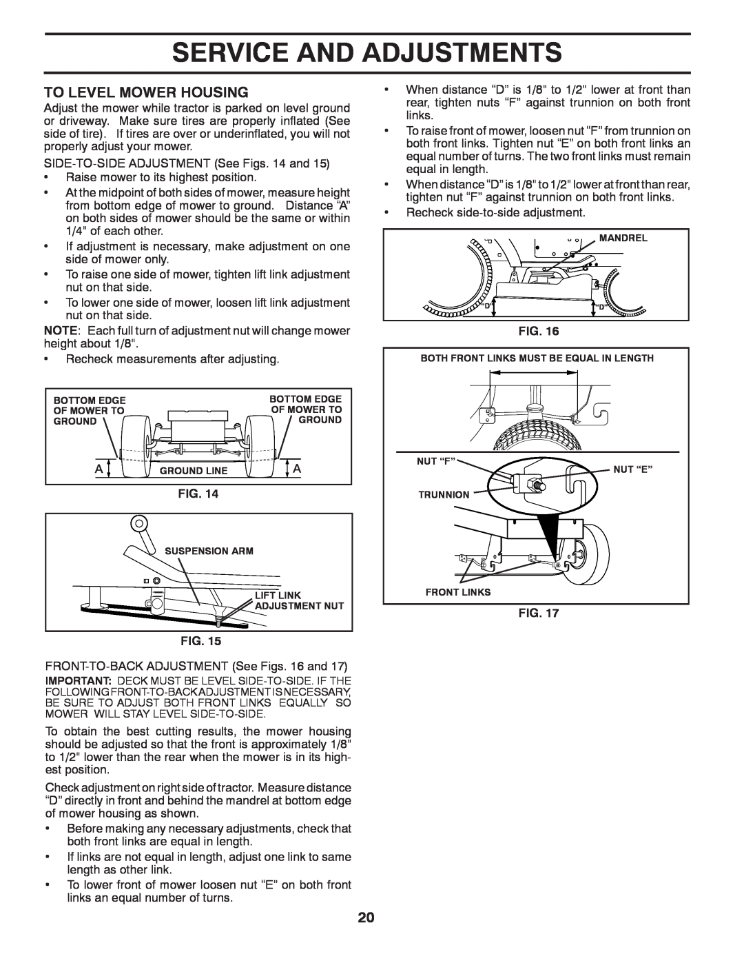 Poulan PO15542LT manual To Level Mower Housing, Service And Adjustments, Fig 
