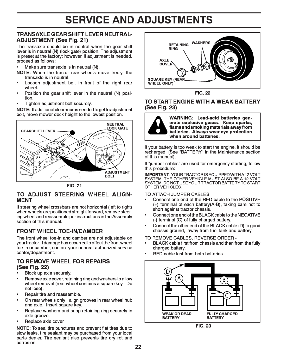 Poulan PO15542LT manual TO START ENGINE WITH A WEAK BATTERY See Fig, To Adjust Steering Wheel Align- Ment 