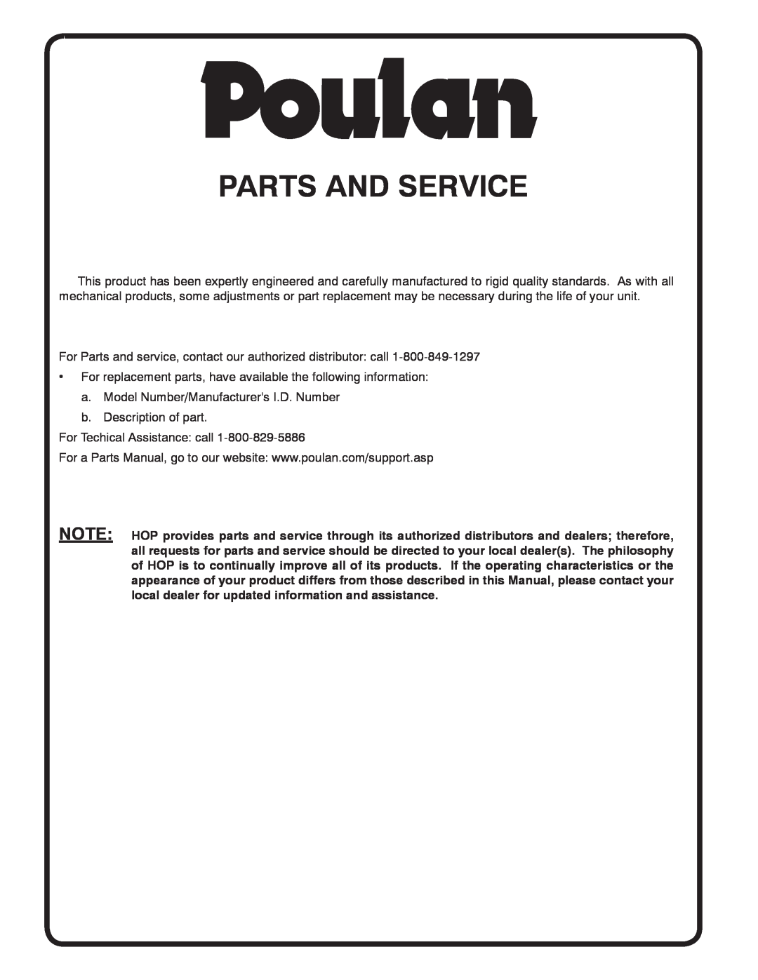 Poulan PO15542LT manual Parts And Service 