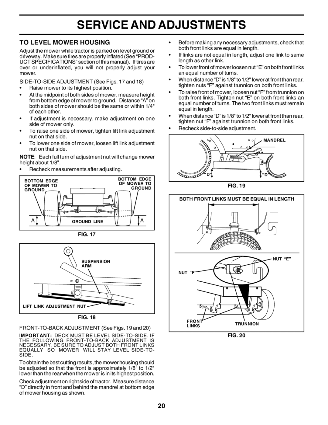Poulan PO16542B manual To Level Mower Housing, FRONT-TO-BACK Adjustment See Figs 