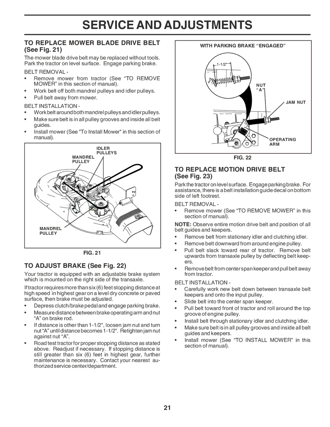 Poulan PO16542B To Replace Mower Blade Drive Belt See Fig, To Adjust Brake See Fig, To Replace Motion Drive Belt See Fig 