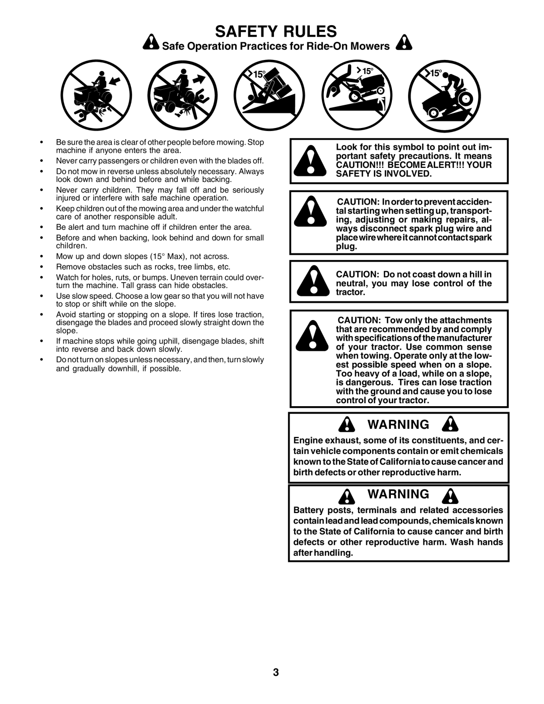 Poulan PO16542B manual Safety Rules, Safe Operation Practices for Ride-On Mowers 