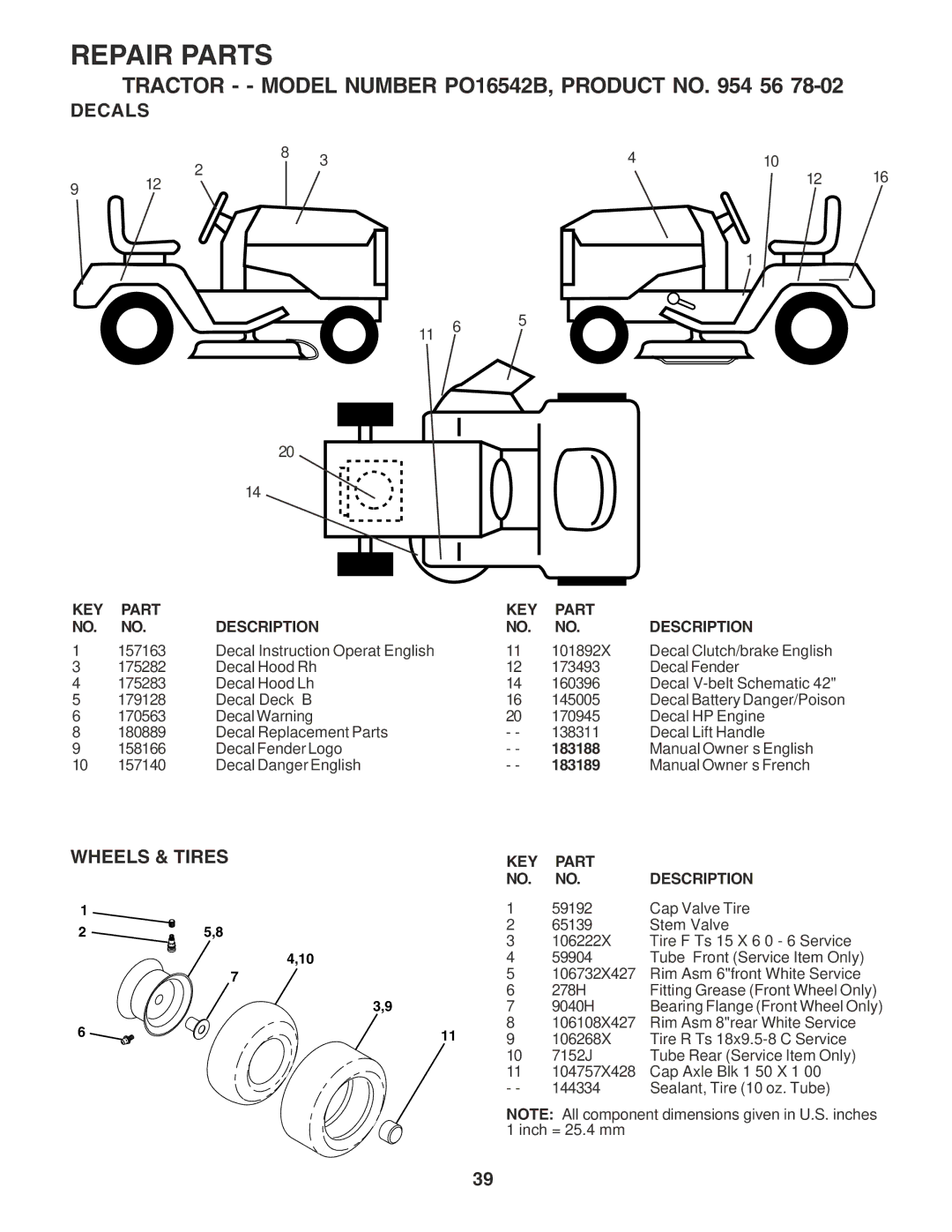 Poulan PO16542B manual Decals, Wheels & Tires 