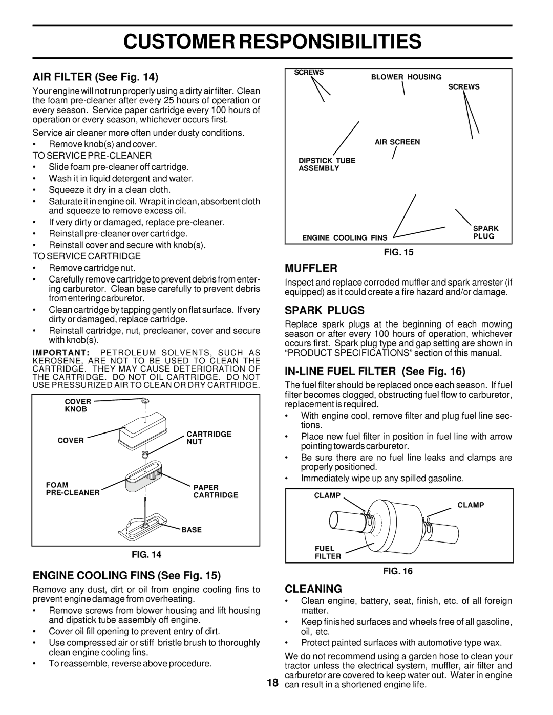 Poulan PO165H42A owner manual Muffler, Spark Plugs, Cleaning 