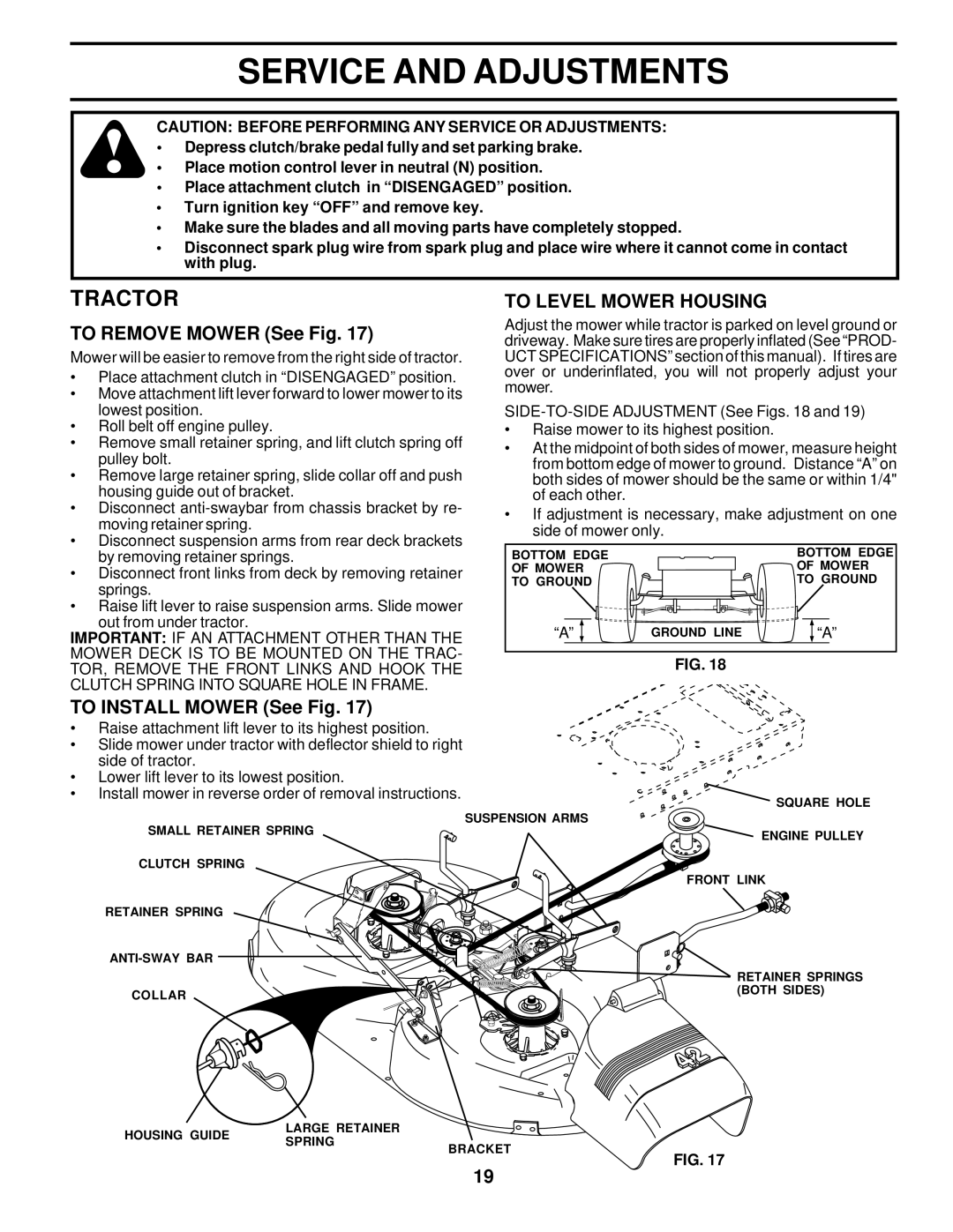 Poulan PO165H42A Service and Adjustments, To Remove Mower See Fig, To Level Mower Housing, To Install Mower See Fig 