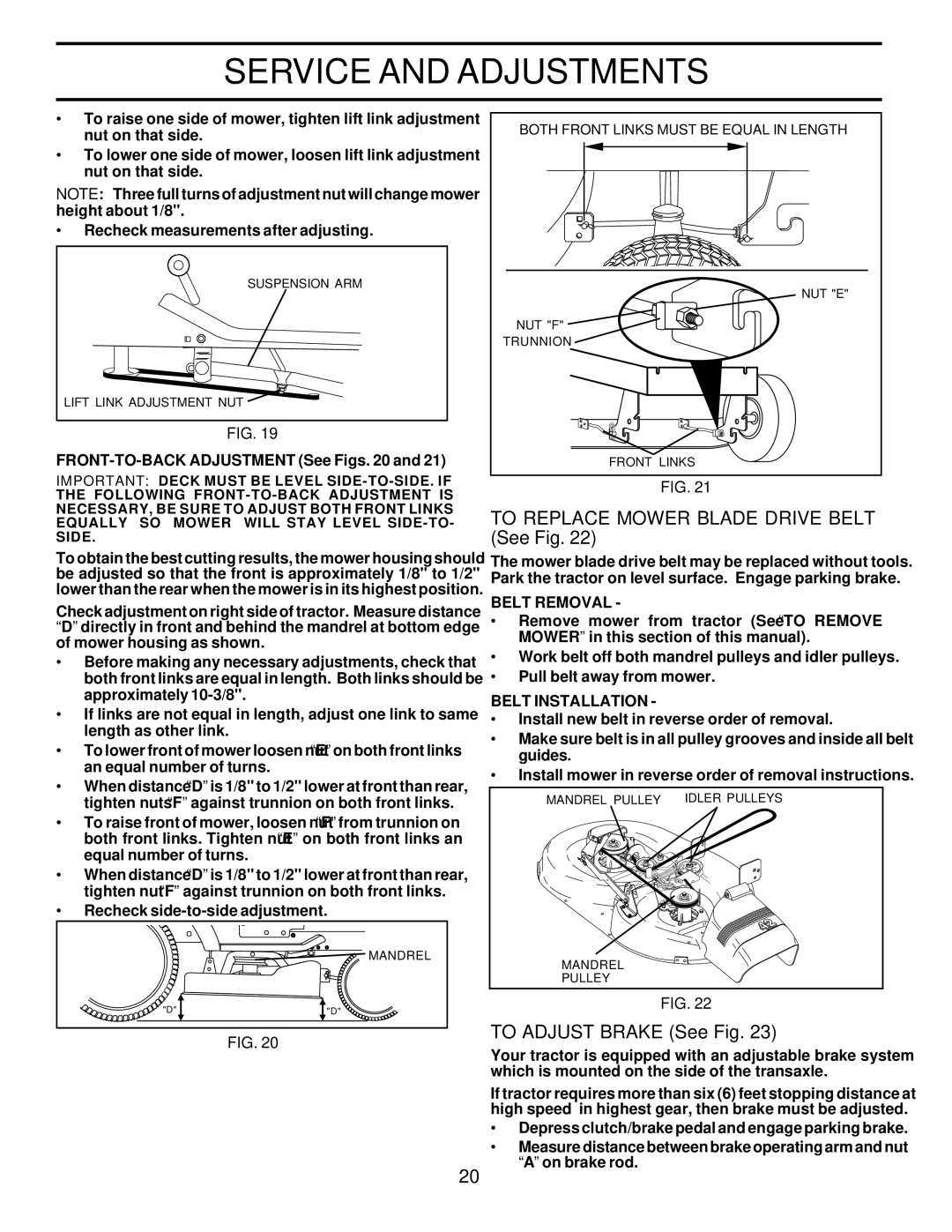 Poulan PO165H42A To Replace Mower Blade Drive Belt See Fig, To Adjust Brake See Fig, Belt Removal, Belt Installation 