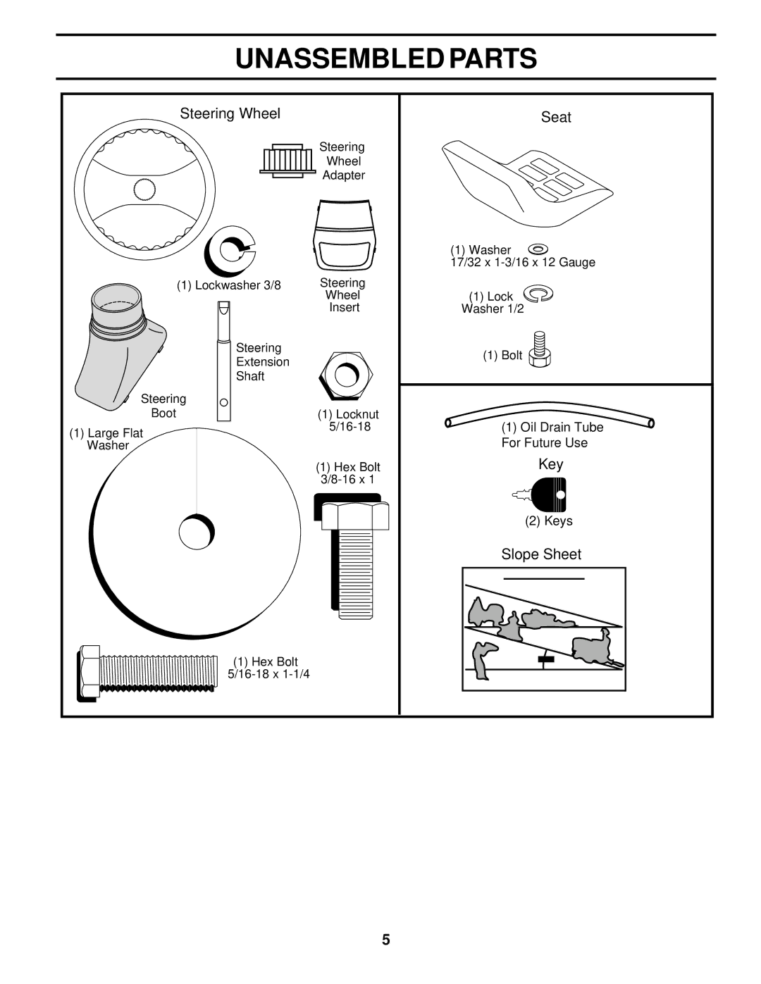 Poulan PO165H42A owner manual Unassembled Parts, Steering Wheel Seat, Key, Slope Sheet 