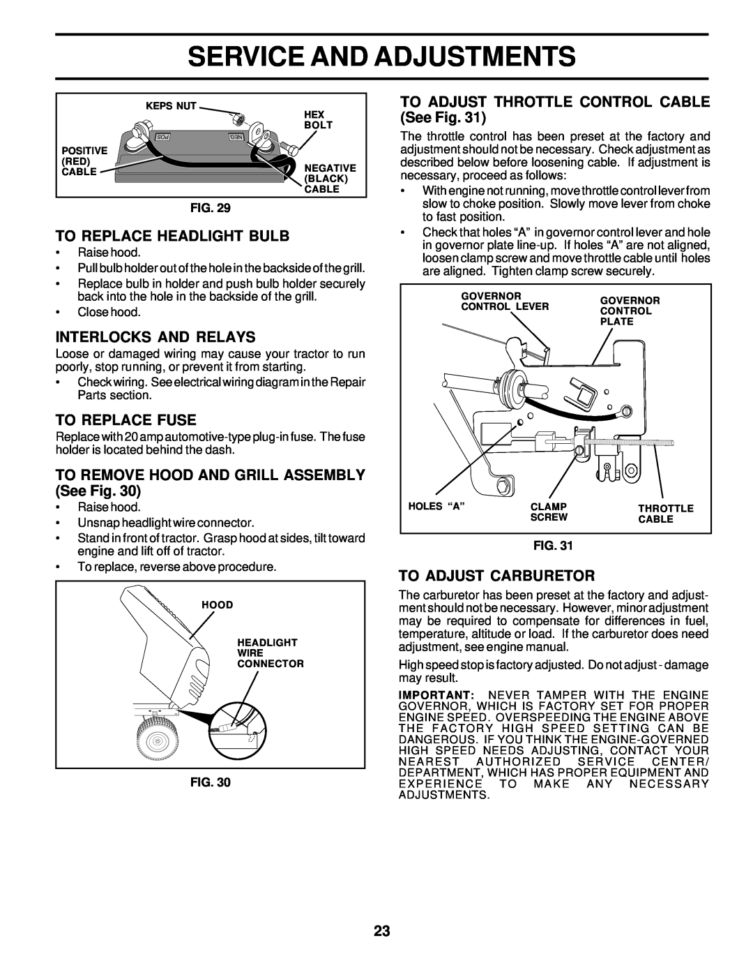 Poulan PO165H42A owner manual To Replace Headlight Bulb, Interlocks And Relays, To Replace Fuse, To Adjust Carburetor 