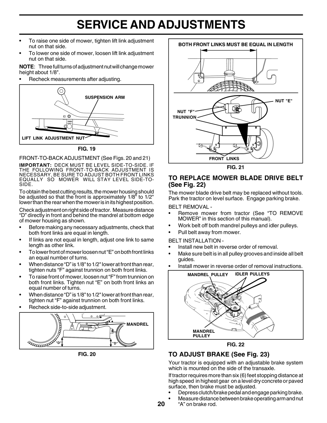 Poulan PO165H42C To Replace Mower Blade Drive Belt See Fig, To Adjust Brake See Fig, Belt Removal, Belt Installation 