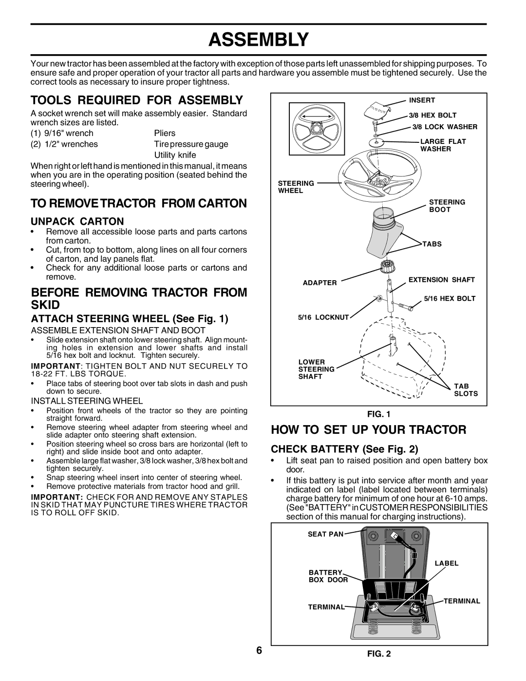 Poulan PO165H42C Tools Required for Assembly, To Remove Tractor from Carton, Before Removing Tractor from Skid 