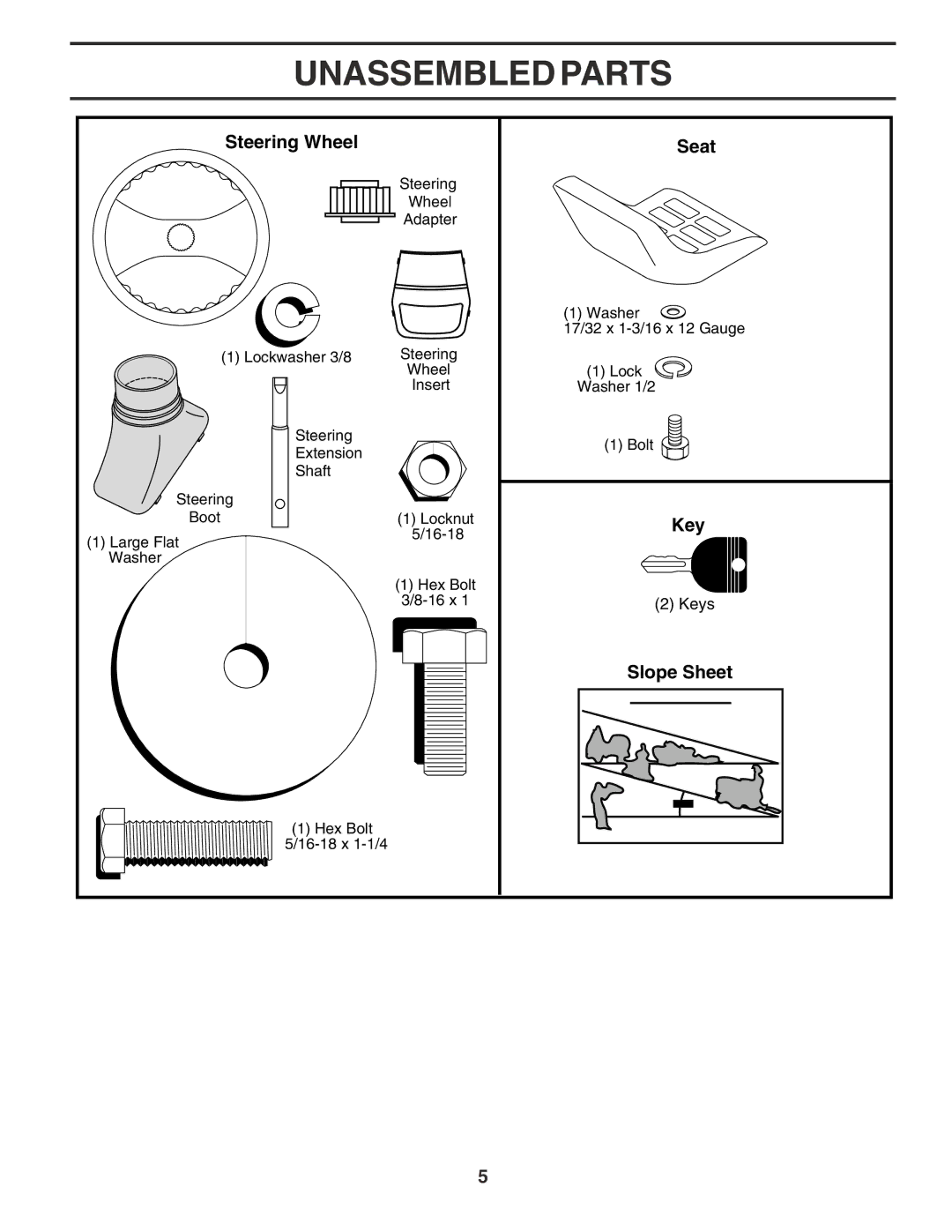 Poulan PO165H42STA manual Unassembled Parts, Steering Wheel Seat, Key, Slope Sheet 