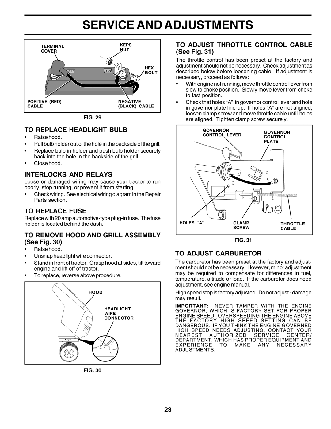 Poulan PO165H42STB manual To Replace Headlight Bulb, Interlocks and Relays, To Replace Fuse, To Adjust Carburetor 