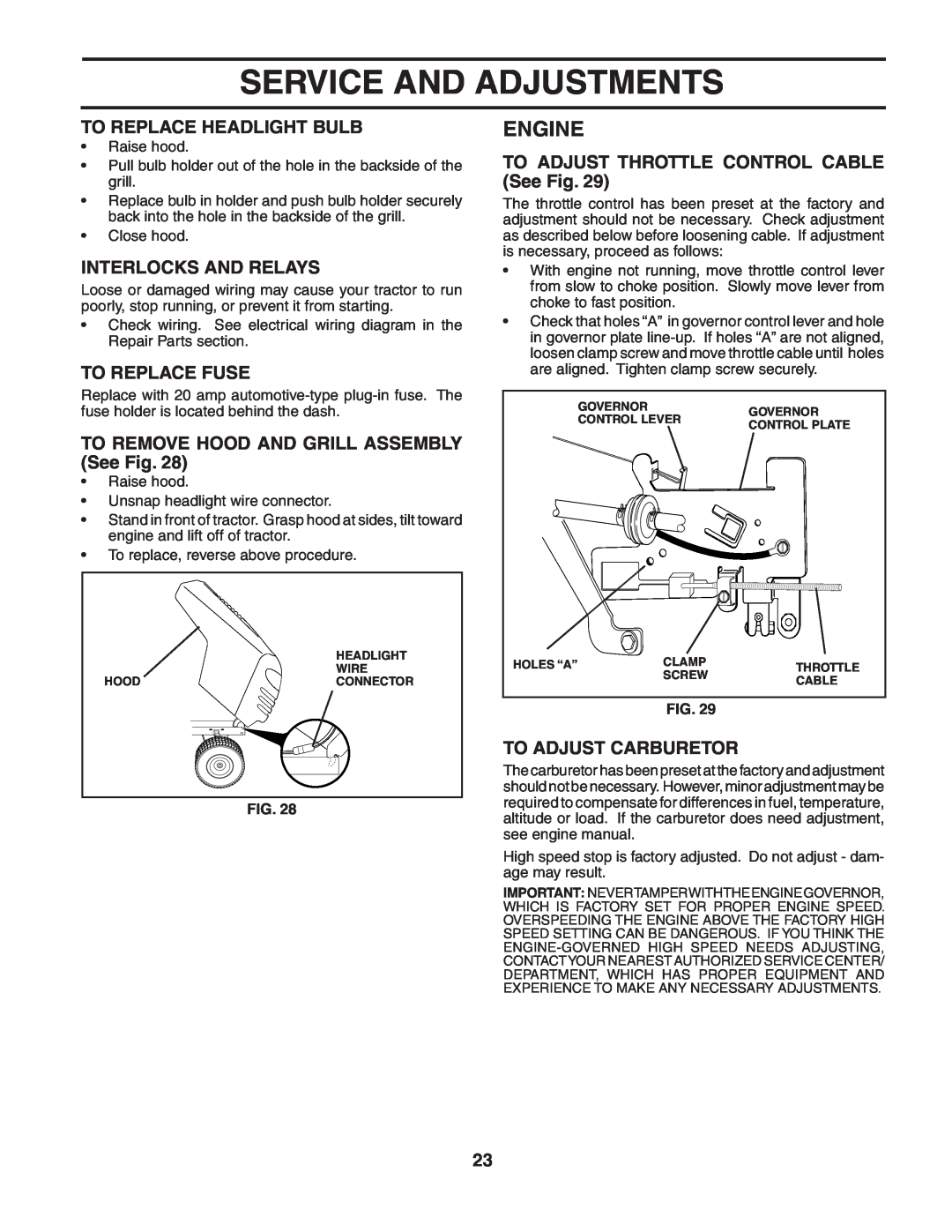 Poulan PO1742STA manual To Replace Headlight Bulb, Interlocks And Relays, To Replace Fuse, To Adjust Carburetor, Engine 
