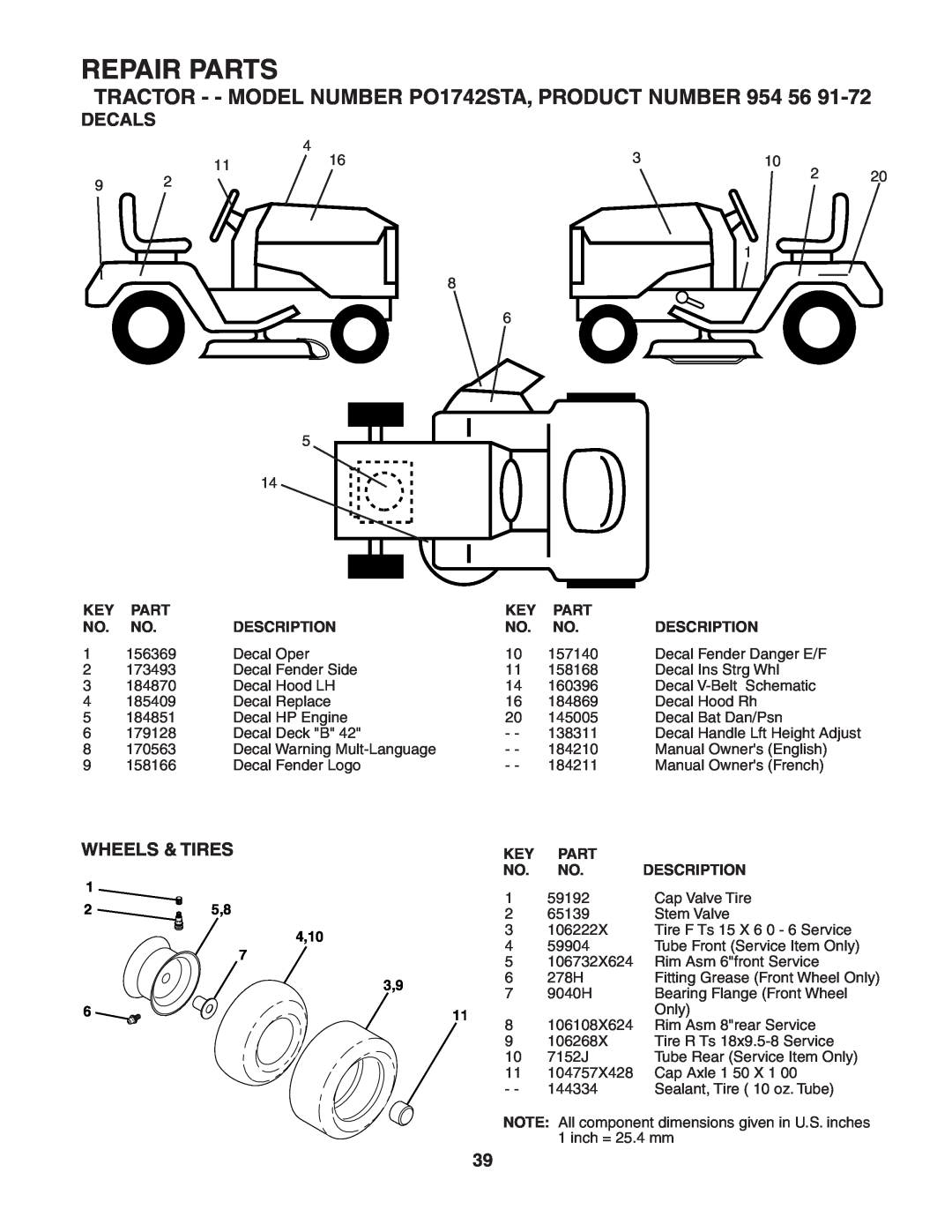 Poulan manual Decals, Wheels & Tires, Repair Parts, TRACTOR - - MODEL NUMBER PO1742STA, PRODUCT NUMBER 