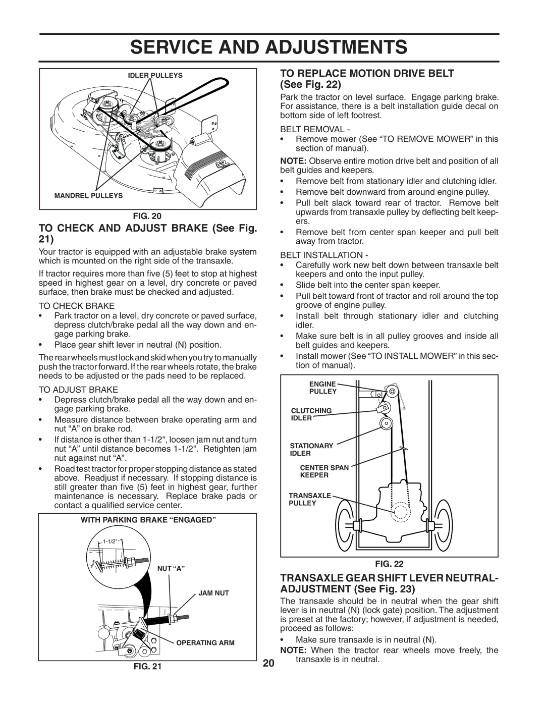 Poulan PO1742STB To Check and Adjust Brake See Fig, To Replace Motion Drive Belt See Fig, To Check Brake, To Adjust Brake 