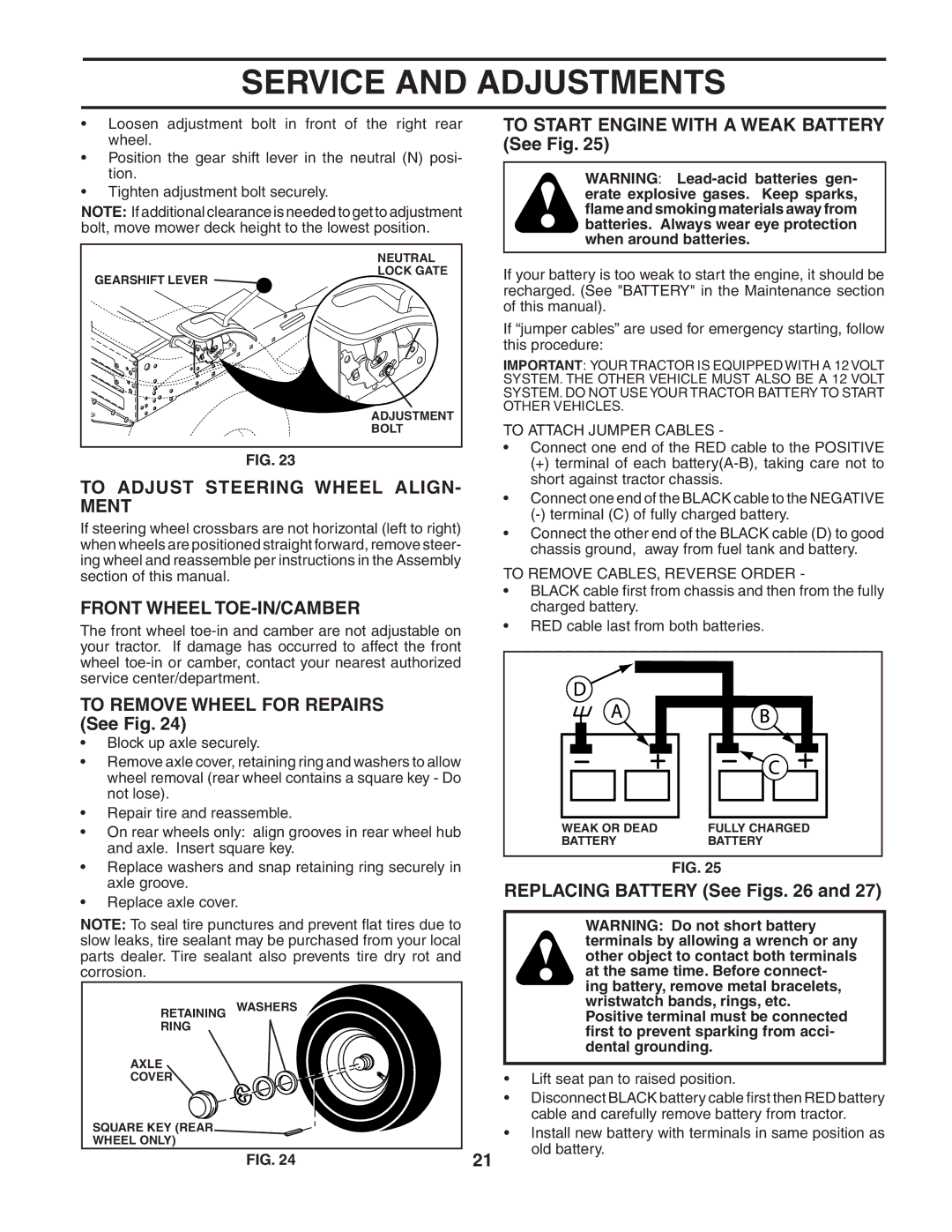 Poulan PO1742STB manual To Adjust Steering Wheel ALIGN- Ment, Front Wheel TOE-IN/CAMBER, Replacing Battery See Figs 