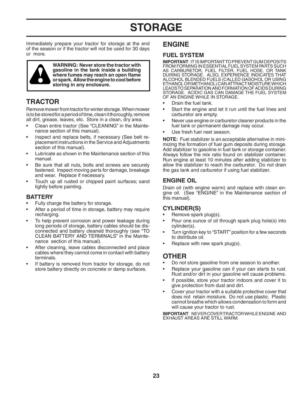 Poulan PO1742STB manual Storage, Other, Fuel System, Engine OIL, Cylinders 