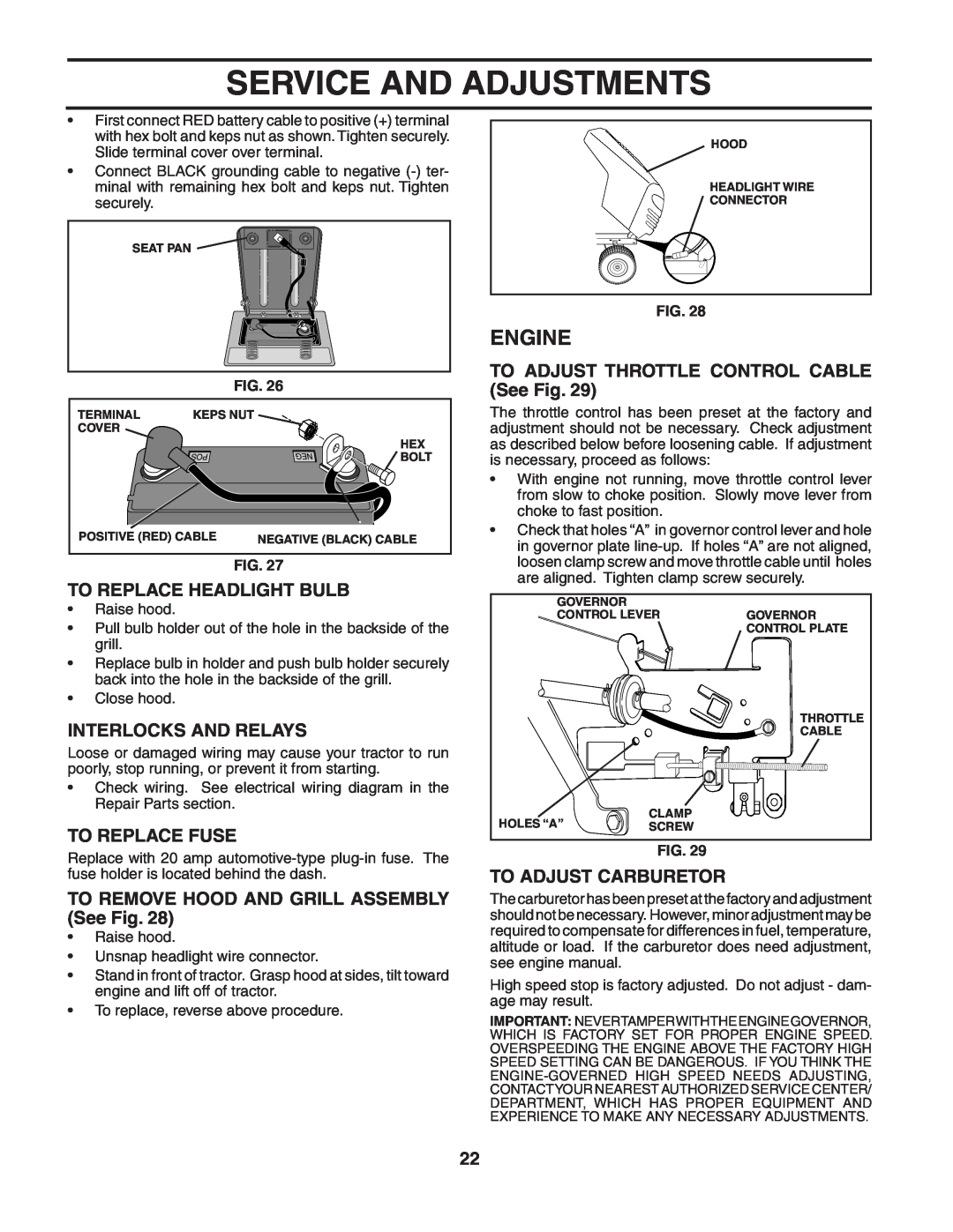Poulan PO1742STB manual To Replace Headlight Bulb, Interlocks And Relays, To Replace Fuse, To Adjust Carburetor, Engine 