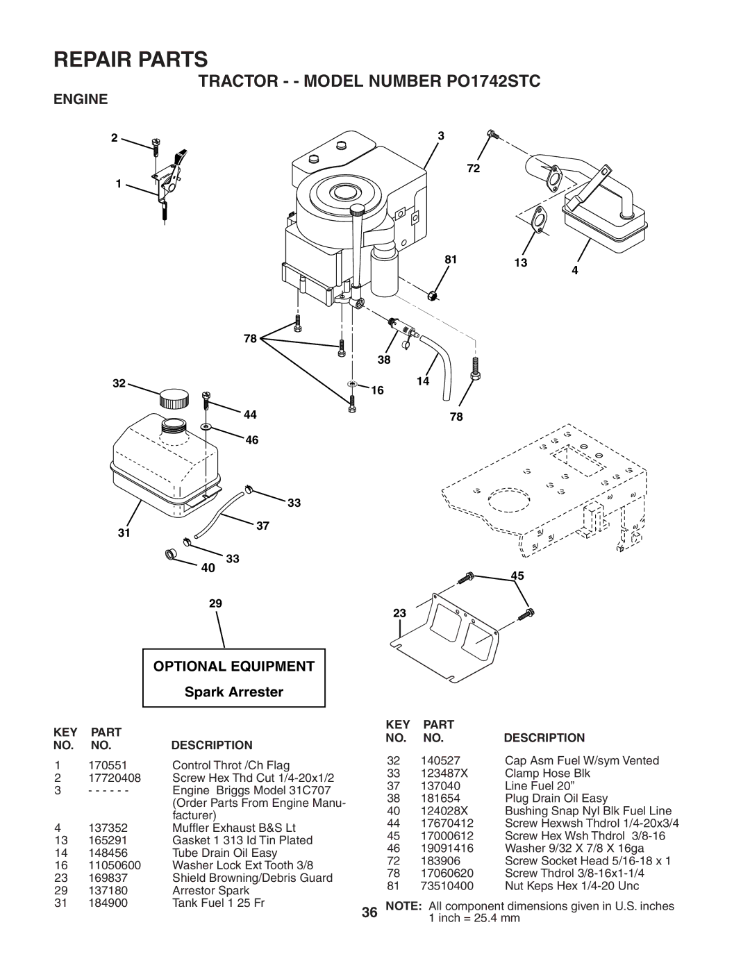 Poulan PO1742STC manual Engine, Optional Equipment 