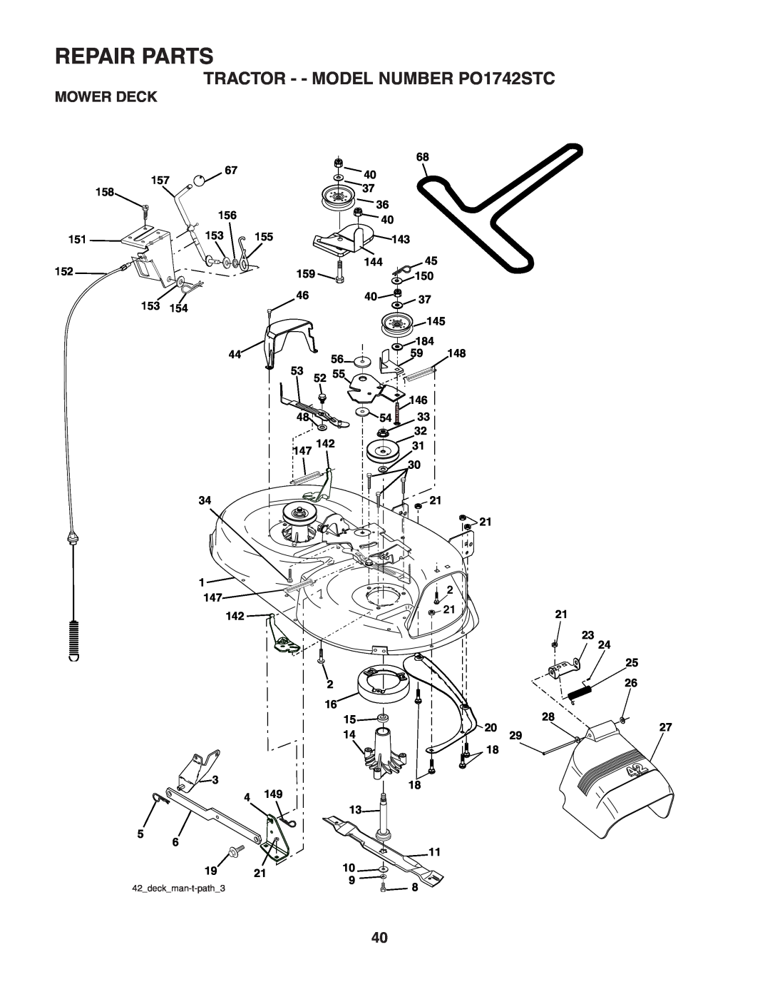 Poulan manual Mower Deck, Repair Parts, TRACTOR - - MODEL NUMBER PO1742STC, 42deckman-t-path3 