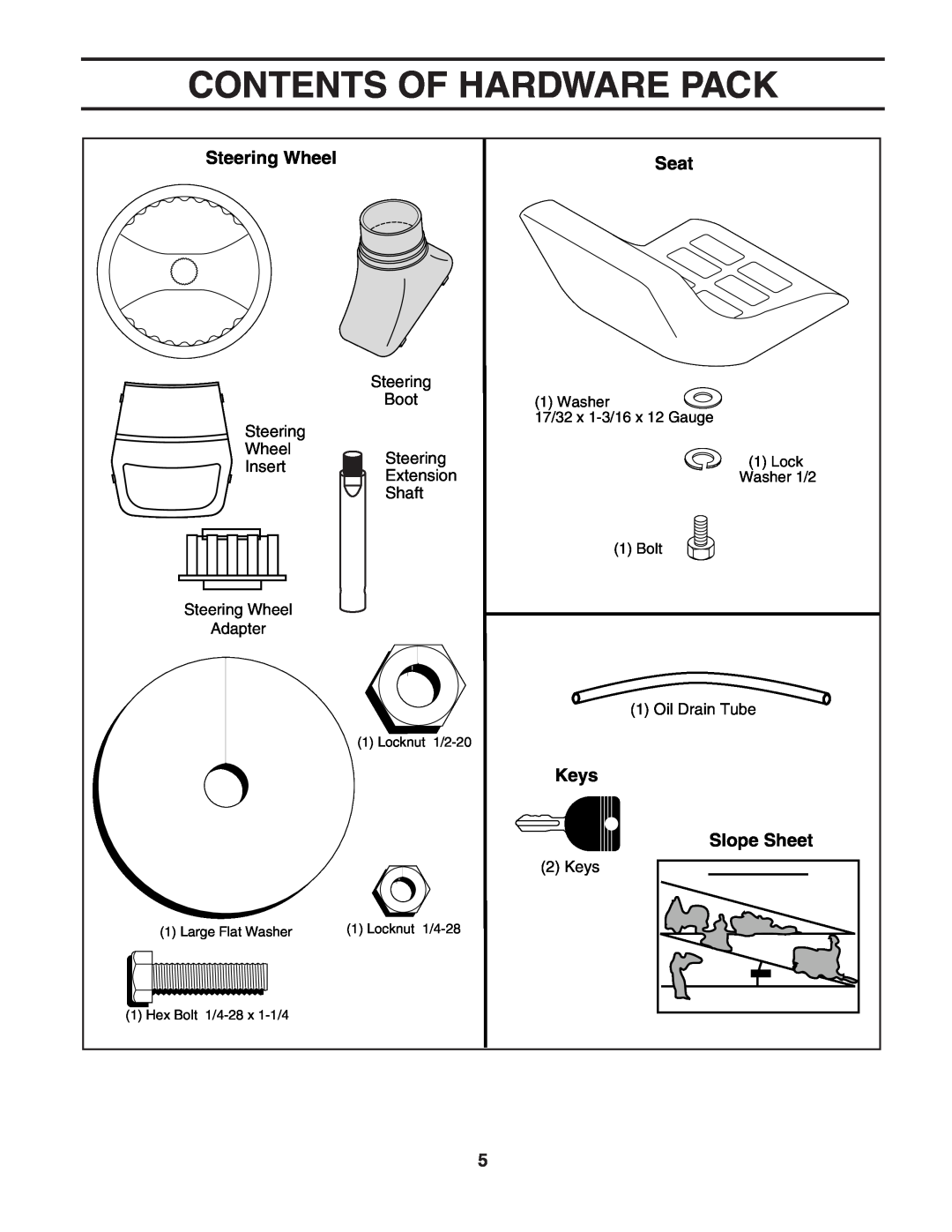 Poulan PO1742STC manual Contents Of Hardware Pack, Steering Wheel, Seat, Keys, Slope Sheet 