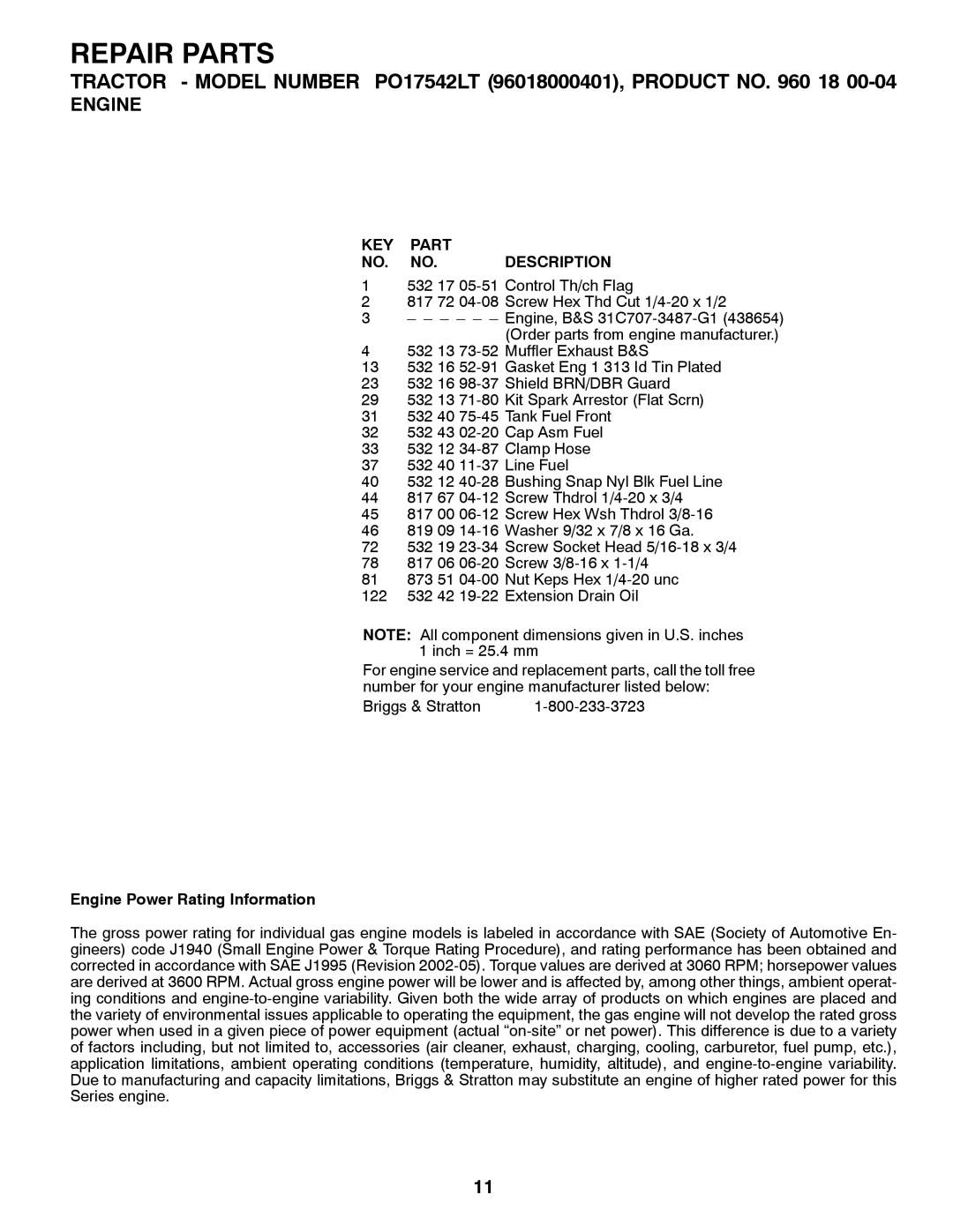 Poulan PO17542LT manual Engine Power Rating Information 