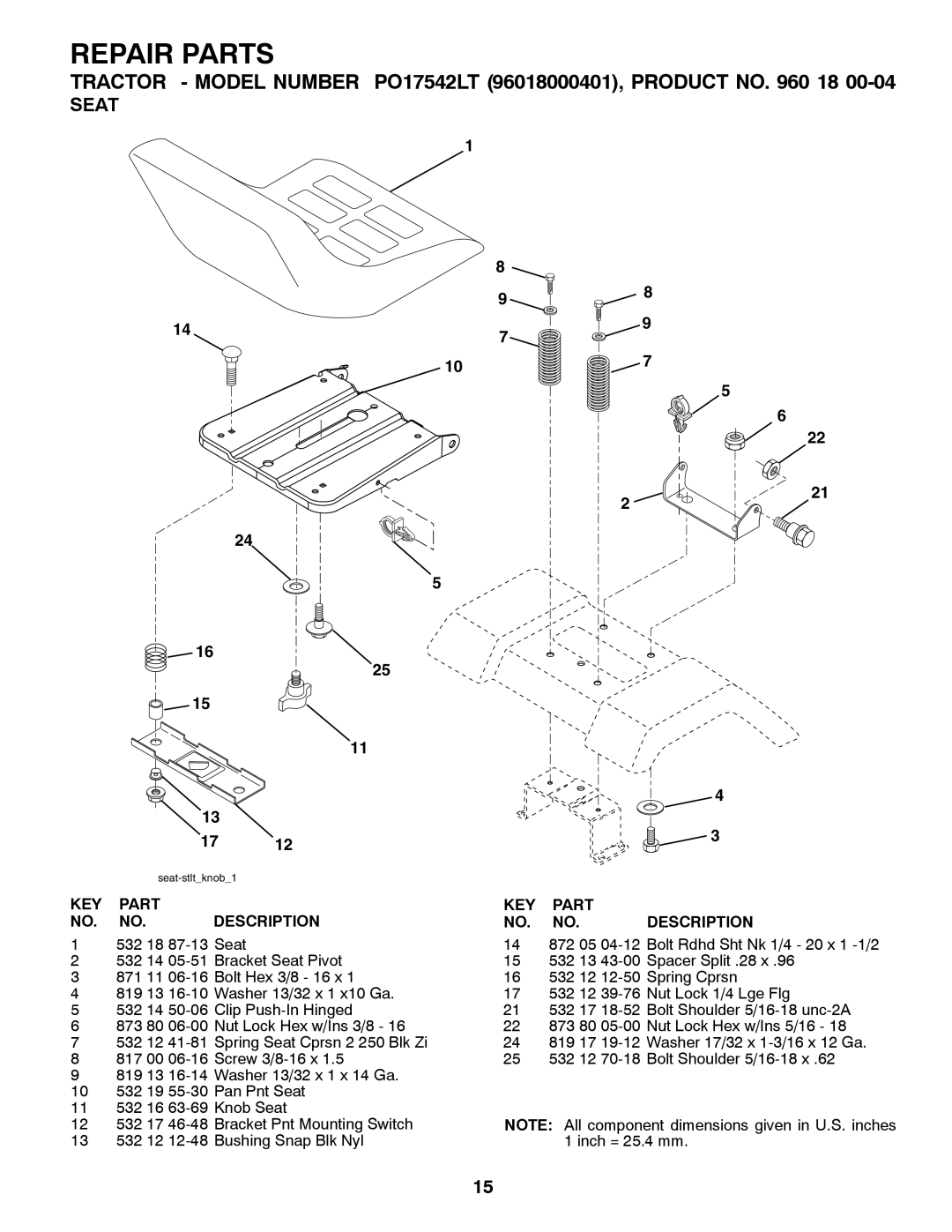 Poulan PO17542LT manual Seat 