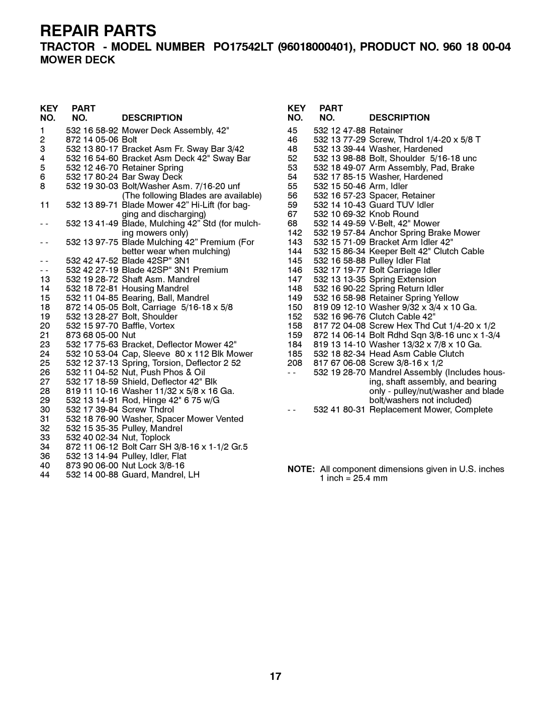 Poulan PO17542LT manual Repair Parts 