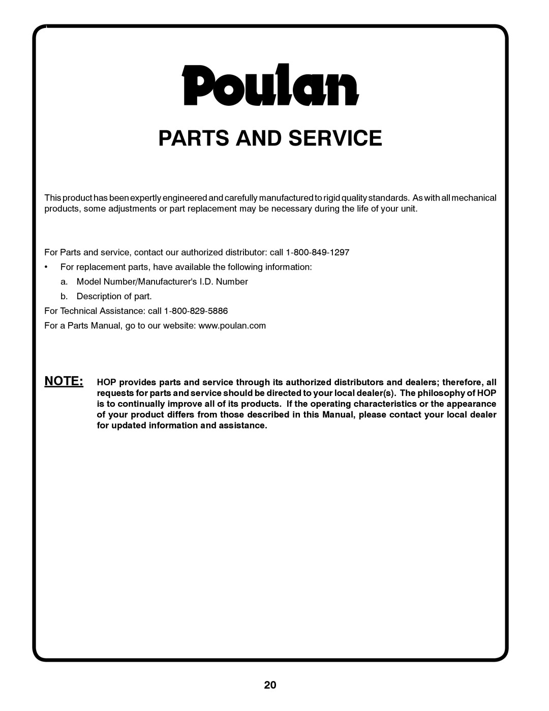 Poulan PO17542LT manual Parts and Service 