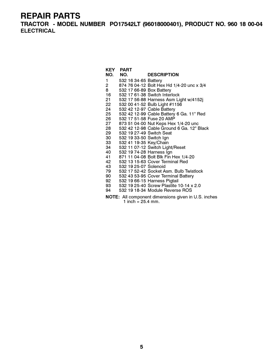 Poulan PO17542LT manual KEY Part NO. NO. Description 