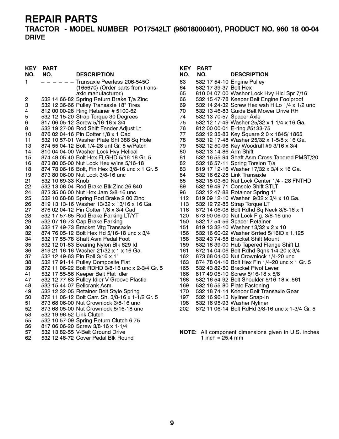 Poulan PO17542LT manual KEY Part Description 