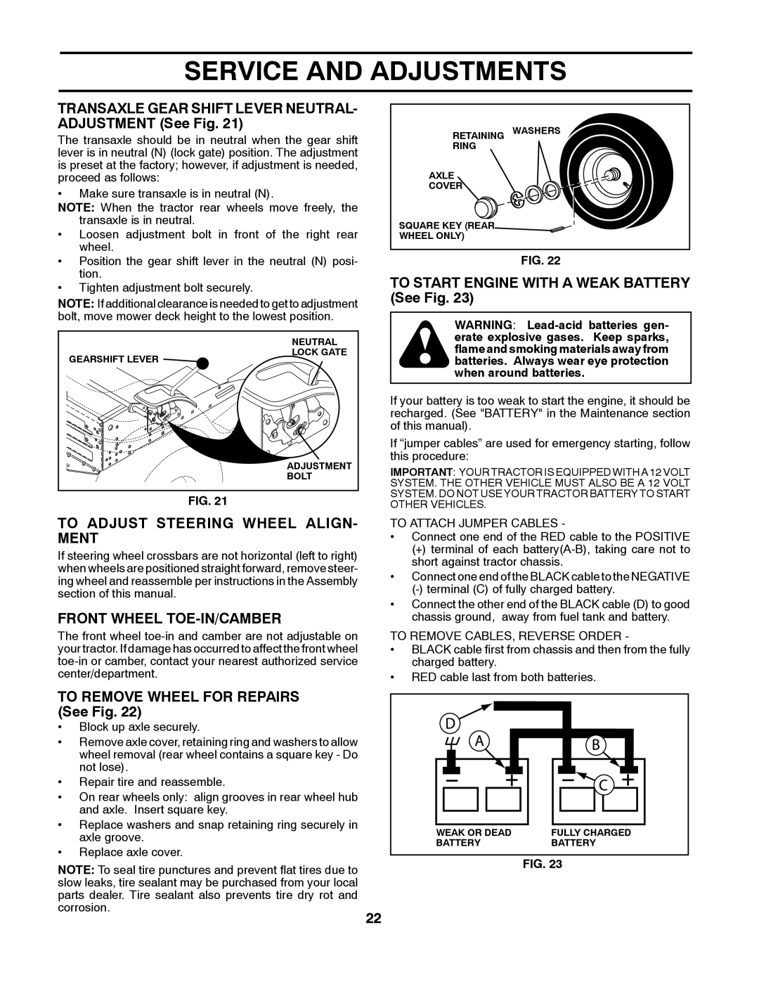 Poulan PO17542LT manual Transaxle Gear Shift Lever NEUTRAL- Adjustment See Fig, To Start Engine with a Weak Battery See Fig 