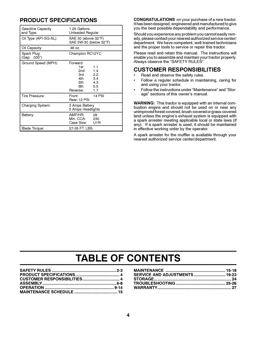 Poulan PO17542LT manual Table of Contents 