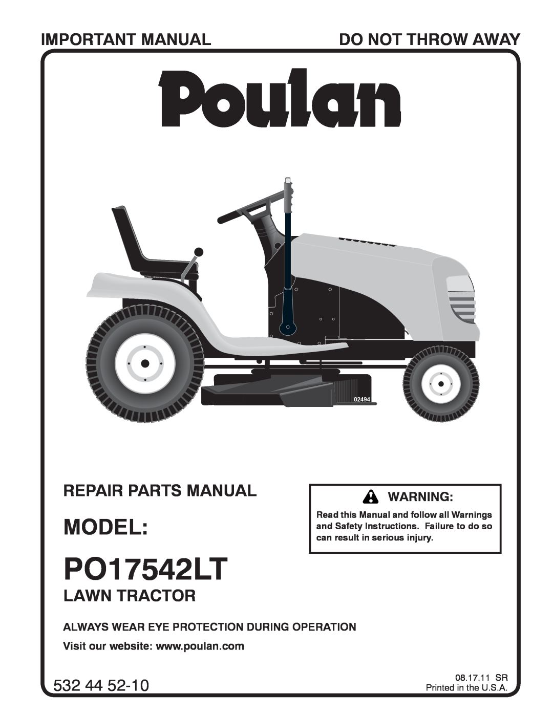 Poulan PO17542LT manual Model, Important Manual, Do Not Throw Away, Repair Parts Manual, Lawn Tractor, 532, 02494 