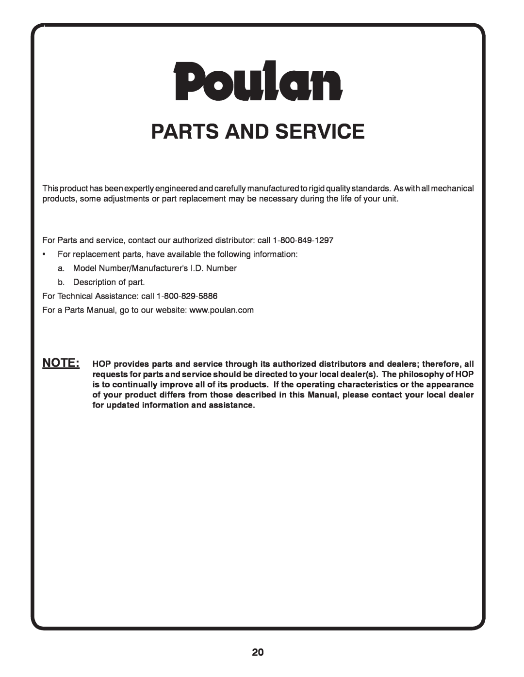 Poulan PO17542LT manual Parts And Service 